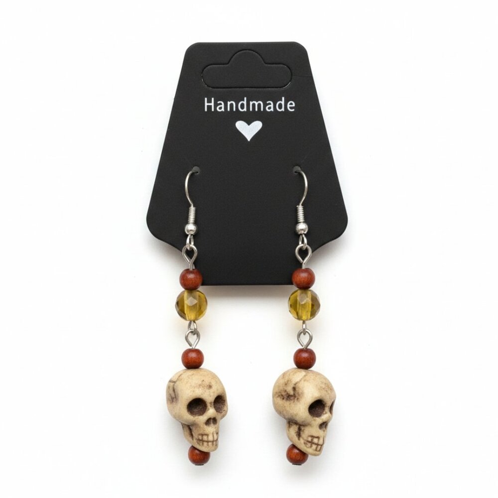 CREATION 💀 Earrings - Skulls - clear brown & ocre beads